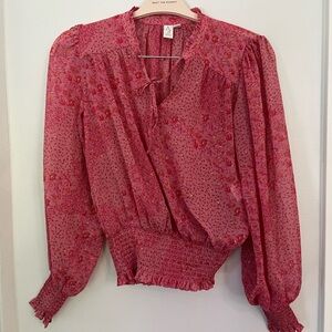 Joie Pink and Gold Smocked Sheer Long Sleeve Ballerina Blouse